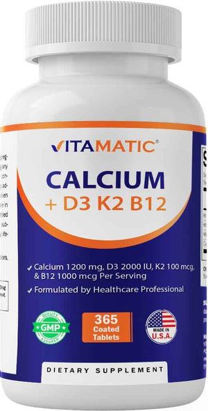 Vitamatic Calcium Supplement 1200mg with D3, K2 & B12, Immune & Bone Health Support - 365 Coated Tablets