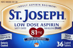 St. Joseph Aspirin Pain Reliever (NSAID) 81mg, Enteric Safety Coated, Adult Low Dose Regimen, 36 ct St. JosephBuy Supplements Australia