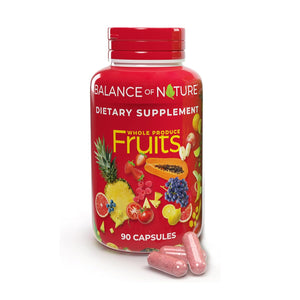 Red supplement bottle labeled 'Balance of Nature' with fruit illustrations on a white background
