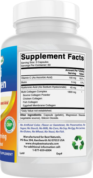 Best Naturals Multi Collagen Pills 2000mg for Women & Men - Hydrolyzed Collagen Peptides Capsules for Hair Skin and Nails with Types I II III V X, Biotin, Hyaluronic Acid & Vitamin C Best Naturals buy supplements Au