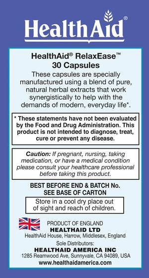 RelaxEase, Herbal Blend to Support Harmony and Tranquility, Once Daily, 30 ct, Helps Promote Health and Relaxation HealthAid buy supplements Au