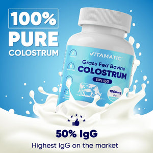 Vitamatic Bovine Colostrum Supplement 1000 mg per Serving - 50% Highest IgG - Supplement for Gut Health, Hair Growth, Beauty, Muscle Recovery, & Immune Support - 120 Capsules VitamaticBuy Supplements Australia