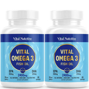 Vital Omega 3 Fish Oil Supplements 2400mg | 864mg EPA & 576mg DHA | 1440mg Total Omega-3 Fatty Acids | Promotes Brain & Heart Health | Non-GMO, Gluten-Free, Sugar-Free | Lemon | 60 Day Servings VITAL NUTRITIVEBuy Supplements Australia
