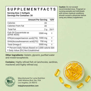 Luma Nutrition Omega 3 Fish Oil Supplement - Extra Strength 2500mg Per Serving - 2000mg EPA & DHA Per Serving