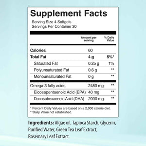Ultimate Strength Plant Based Omega 3 Supplements, Organic EPA and DHA Omega 3 Fatty Acid Supplements from Algae Oil, No Fishy Aftertaste, 120 Softgels