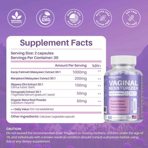 MEGNETA Vaginal Moisturizer, Kacip Fatimah 1,000mg & Manjakni 200mg for Female Intimate Health, Slippery Elm for Women, Vegan, 60 Capsules