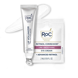 RoC Derm Correxion Lip Volumizer - Lip Plumper Peptide Treatment with Hyaluronic Acid & Vitamin E + Line Smoothing Eye Cream Packette