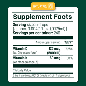 NATURTREU Vegan Vitamin D3 K2 Liquid Drops with MCT Oil for Adults (240 Servings) - Liquid Vitamin D K2 MK7 - All Natural, Non-GMO & Dr Formulated with 3X More Absorption - Third-Party Tested NATURTREUBuy Supplements Australia