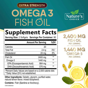 Omega 3 Fish Oil Supplements - 2400mg Fish Oil Per Serving - Triple Strength Omega-3 with Fatty Acids EPA & DHA - Natural Heart, Brain & Immune Support