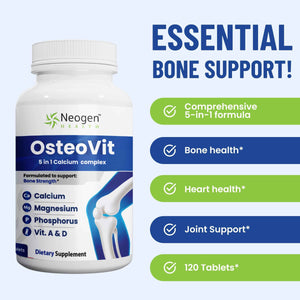 OsteoVit 5-in-1 Calcium 120 tabs Multivitamin: Calcium, Magnesium, Phosphorus, Vitamin D3 & A - Bone Strength & Flexibility*, Non-GMO Gluten Free