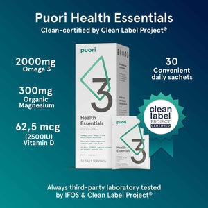 Puori P3 Health Essentials with Magnesium Zinc Complex, Omega 3 Fish Oil & Vitamin D3 Supplements - Men & Womens Daily Multi-Vitamins for Immune System Support & Overall Health - 30 Servings