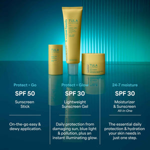 TULA Skin Care Protect + Glow Daily Sunscreen - Gel, Broad Spectrum SPF 30, Skincare-First, Non-Greasy, Non-Comedogenic and Reef-Safe with Pollution