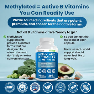 Methylated B Complex with Methylfolate and B12 Methylcobalamin 1000 mcg - Methylated Multivitamin for Energy, Brain Function, and Wellness - Vitamin B Complex for Men & Women (90 Servings) (Pack of 1) PrimeMDBuy Supplements Australia