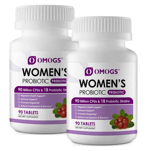 OMOGS 2PCS Women's Probiotic, with Cranberry Extract, Organic Prebiotics & Vitamin C, 90 Billion CFUs,18 Strains, Help for Boost Immune, Digestive, Gut Health & Women's Health,180 Tablets