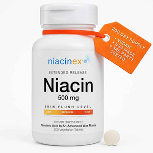 Niacinex Niacin 500mg Extended Time Release, 200 Tablets, Minimal to No-Flush, Vitamin B3 Supplement - Cholesterol Balance