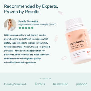 Bettervits Multivitamin for Women & Men | Womens Daily Multivitamin with 13 Essential Vitamins Iron, Iodine, Calcium and Biotin | Vitamins A, K2, D3, C, B1, B2, B3, B5, B6, B7, B9, B12 | 60 Capsules Bettervits buy supplements Au