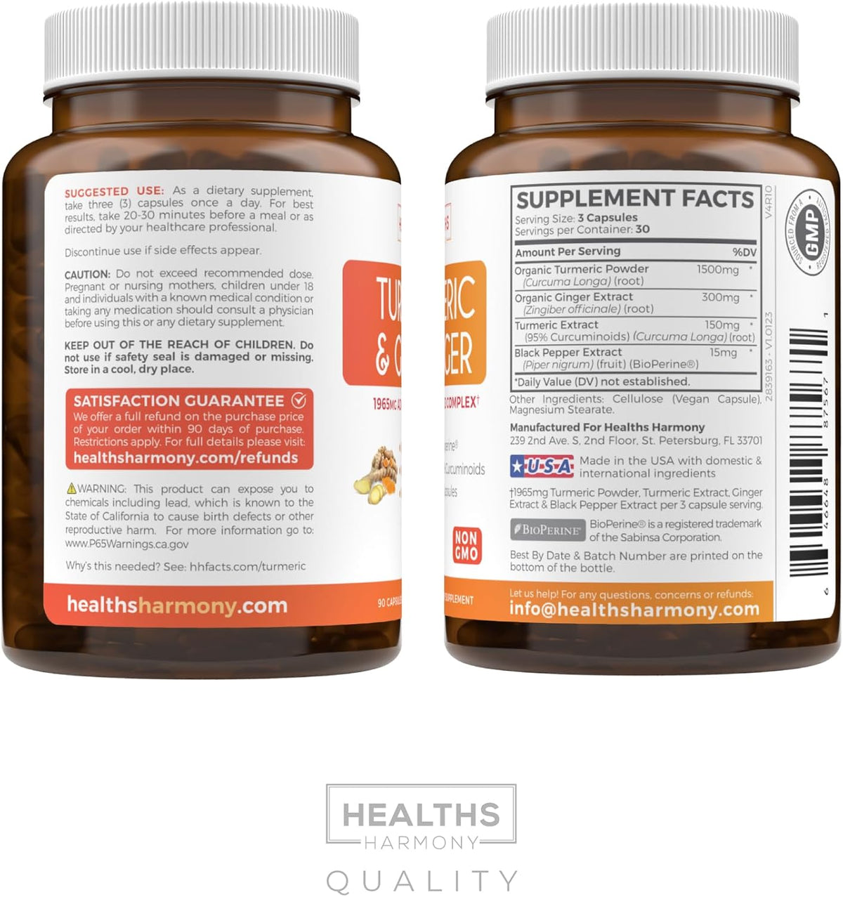 Turmeric and Ginger Supplement (Non-GMO) 1980mg Serving - Turmeric Curcumin with Black Pepper Bioperine, Ginger Extract, and 95% Curcuminoids Powder - Tumeric Joint Support Supplement - 90 Capsules