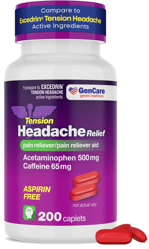 GenCare - Tension Headache Relief Pain Reliever with Acetaminophen 500 mg & Caffeine 65 mg (200 Caplets) Best Value Bulk Extra Strength for Head, Migraine, Joint Pain & Body Ache Relief Medicine GenCareBuy Supplements Australia