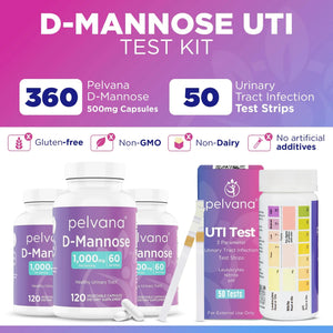 Pelvana D-Mannose UTI Kit for Women – UTI Test Strips & D-Mannose Supplement, At-Home Testing, Maintains Healthy Urinary Tract Balance, Flushes Impurities – 3 Bottles (120 Capsules) + 50 Test Strips PelvanaBuy Supplements Australia