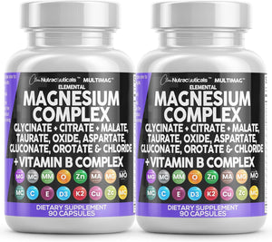Two bottles of elemental magnesium complex dietary supplement with colorful labels on a white background.