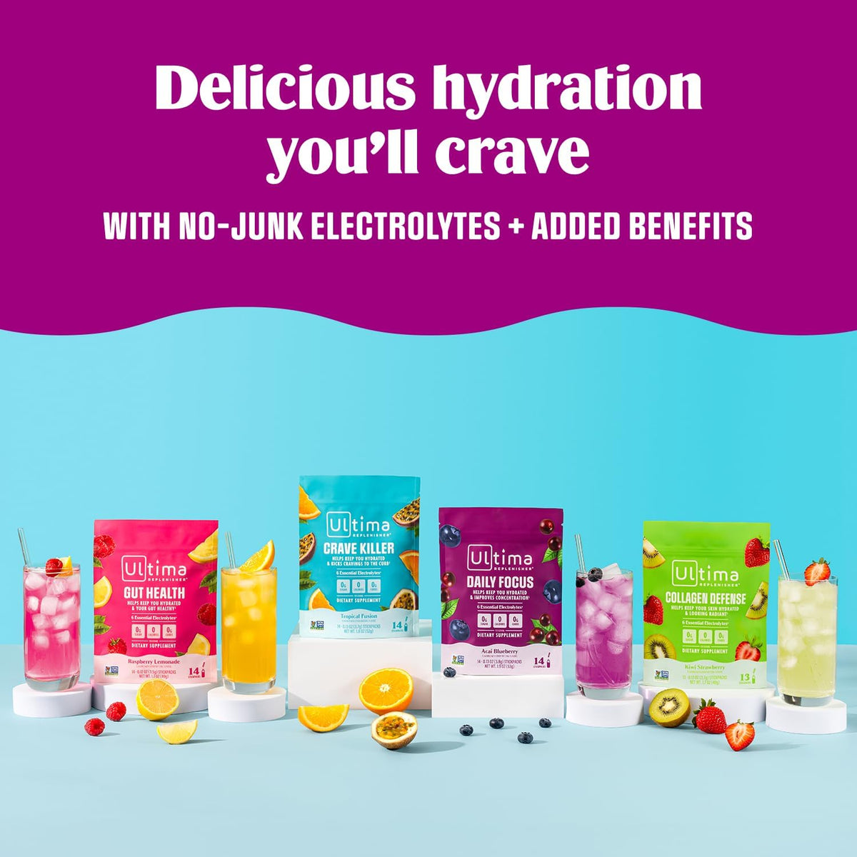 Ultima Replenisher Crave Killer Supplement, Tropical Fusion, 14 Stickpacks | Daily Zero Sugar Electrolyte Powder Hydration Packets with 6 Key Electrolytes & Chromax to Help Curb Cravings - Keto Friendly