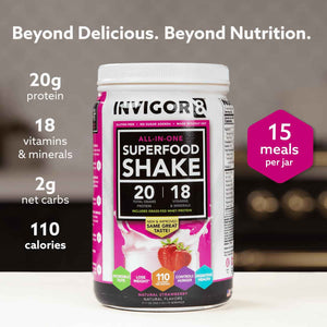 INVIGOR8 Superfood Grass Fed Whey Protein Isolate Shake Natural Strawberry Gluten-Free and Non GMO Meal Replacement with Probiotics and Omega 3 (645g)