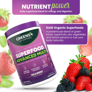 Greens+ Advanced Multi Wild Berry Superfood Powder, Organic Blend, Vegan, Non-GMO, Soy-Free, Dairy-Free, Gluten-Free, Dietary Supplement with Vitamins & Minerals, 9.4 oz Greens+Buy Supplements Australia