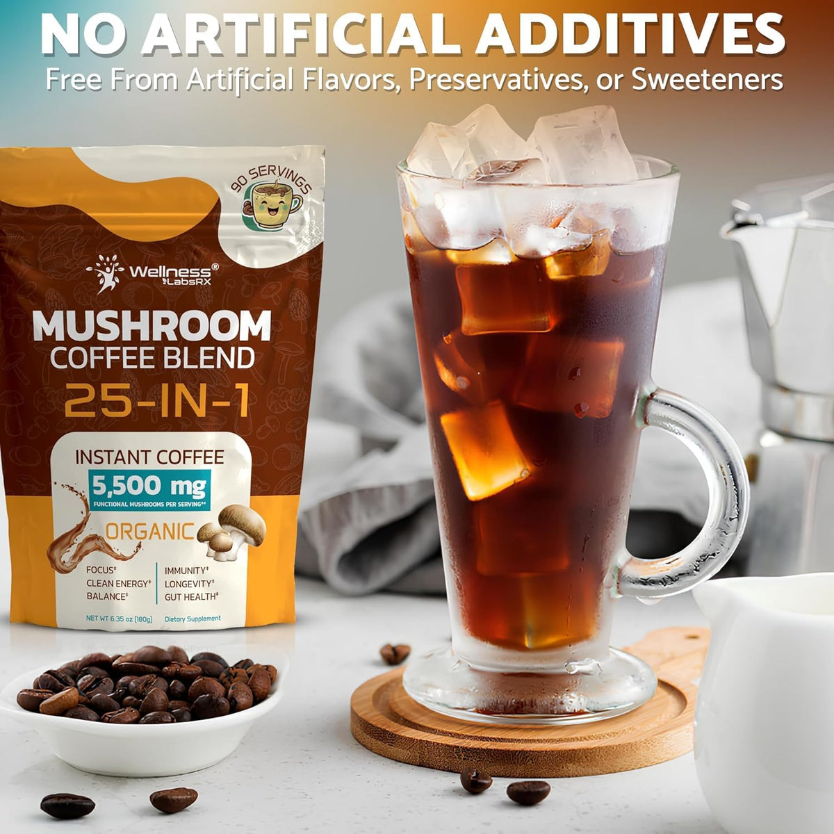 Mushroom Coffee Organic Instant Coffee, 25-in-1, Third-Party Tested Keto Friendly Lions Mane Supplement with Functional Mushrooms – Shiitake, Reishi, Lion’s Mane & More | Smooth, Rich Flavor - 90 Servings