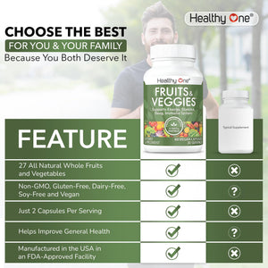 Fruits & Veggies Formula - 27 Premium Whole Foods - Organic Ingredients - Equals 3 Servings of Fruits & Vegetables - Improve Energy, Focus & Immune Function - Fiber - Antioxidants - 120ct (60 Serv) Healthy OneBuy Supplements Australia