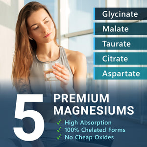 MyoActivo 5-in-1 Magnesium Complex - High Absorption - Chelated Magnesium Glycinate, Malate, Citrate, Taurate, & Aspartate for Nerves, Muscles, Bones | 120 Capsules | Magnesium Supplement MyoActivo buy supplements Au