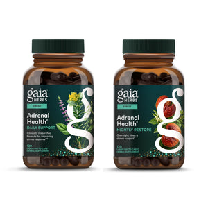 Two bottles of Gaia Herbs Adrenal Health supplements on a white background