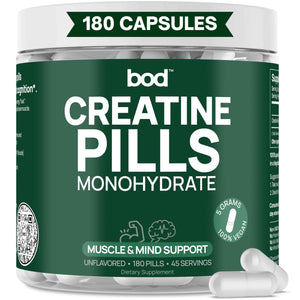 Bod Creatine Monohydrate Capsules – 45 Servings (4 Capsules = 5 g) – Ultra-Pure 200 Mesh Creatine Monohydrate – Strength