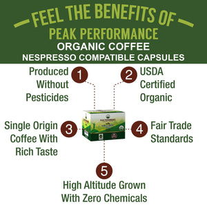 Peak Performance Organic Capsules for Nespresso Machines - Fair Trade, Low Acid, Organic Espresso Coffee Pods (36 Count) Compatible with All Nespresso Capsule Brewers - Medium Roast Single Serve Pod Peak PerformanceBuy Supplements Australia