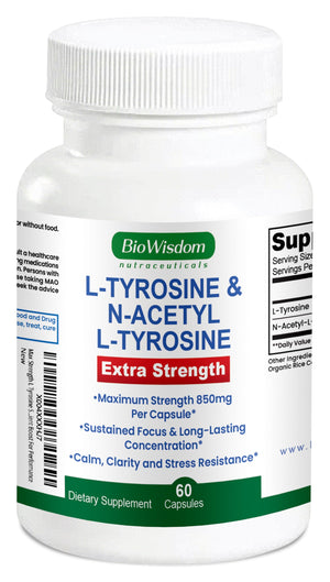 Max Strength L Tyrosine Supplement & N Acetyl L Tyrosine Peak Focus, Alertness, Concentration, Body & Mind Energy. L-Tyrosine 850mg Per 1 Capsule. A Well-Being Nutrient Boost For Performance BioWisdom NutraceuticalsBuy Supplements Australia