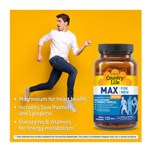 Country Life Max for Men Multivitamin: Iron-Free, Gluten Free, Saw Palmetto, Lycopene, Daily Support for Energy, Heart & Men's Health,120 Vegetarian Tablets Country LifeBuy Supplements Australia