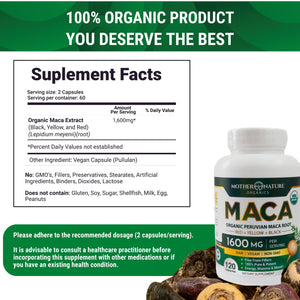Mother Nature Organic Maca Root Capsules – 1600mg, 120 Vegan Capsules – Non GMO Peruvian Yellow, Red & Black Maca for Men & Women - Energy, Hormone, Brain & Weight Well-Being Mother Nature Organics Superfoods for Organic LivingBuy Supplements Australia