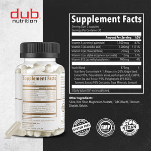 Dub Nutrition Youth - Formula with Acai, Resveratrol, Curcumin, Vitamins A, C, D, E, B12, and CoQ10 - Supports Immunity and Mobility - 90 Capsules Dub Nutrition buy supplements Au