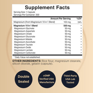 Magnesium Complex 500mg, 300 Capsules | 10-in-1 Magnesium Glycinate, Citrate, Malate & More | Chelated Form for Easy Absorption | Non-GMO NatureBellBuy Supplements Australia