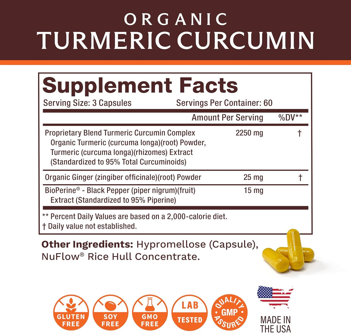 Life's Fortune Organic Turmeric Curcumin with Black Pepper and Ginger, Enhanced Absorption, Extra Strength Supplement, Joint & Immune Support, Non-GMO, 180 Cap - 2250mg