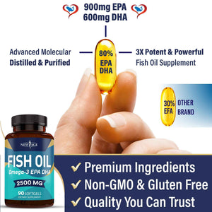 NEW AGE Omega 3 Fish Oil 2500mg Supplement Non GMO - EPA, DHA Fatty Acids Gluten Free (180 Softgels (Pack of 2))
