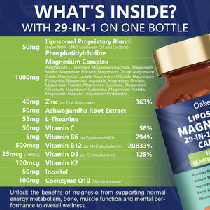 29-in-1 Liposomal 18 Active Types Magnesium Complex 1400MG Capsule,L-Threonate Glycinate Malate etc,Mild & Efficient,Extra Vitamin B6 B12 D3K2 & CoQ10, Relaxation Nerve* & Hert* Support Oakevlp buy supplements Au