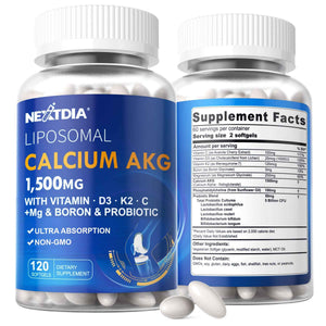 Liposomal Calcium AKG Supplement 1500mg with Vitamin D3 & K2 Softgels for Women & Men│ High Absorption│Calcium Supplements with Magnesium Glycinate, Boron, Probiotics & Vitamin C for Bone - 120 Pills
