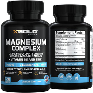 X Gold Health Magnesium Complex 5-in-1 with Zinc & B6 High Absorption Capsules (Glycinate, Citrate, Malate, Taurate, Oxide) Muscle Recovery, Energy, Sleep Support & Immune Health 500mg Made in USA X Gold Health buy supplements Au