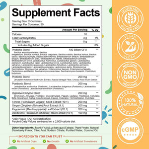 (2 Packs) Totaria Sugar Free 5-in-1 Probiotic Prebiotic Postbiotic Gummy, Probiotics for Women Men with Digestive Enzymes, Peppermint, Complete Immune, Gut & Digestive Support, Vegan Strawberry Flavor