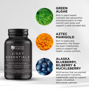 Primitive Scientific Whole Food Daily Essential Multivitamins for Adults and Seniors - 2X a Day - Vitamin A, C, D, E, B12 and Minerals Primitive Scientific