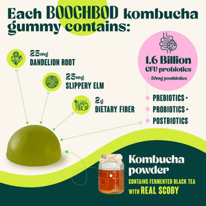 BoochBod - Probiotic Kombucha Gummy - Prebiotics, Probiotics, Postbiotics, Fiber Supplement, Slippery Elm, Dandelion Root, for Bloating, Gut Health