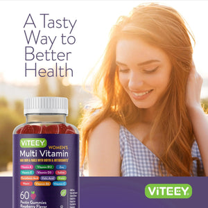 Viteey Womens Multivitamin Gummies - Immune Support - 12 in 1 Essential Vitamins & Minerals - Vitamin A, C, D3, E, B6, B12, Folic Acid, Biotin, Calcium Viteey