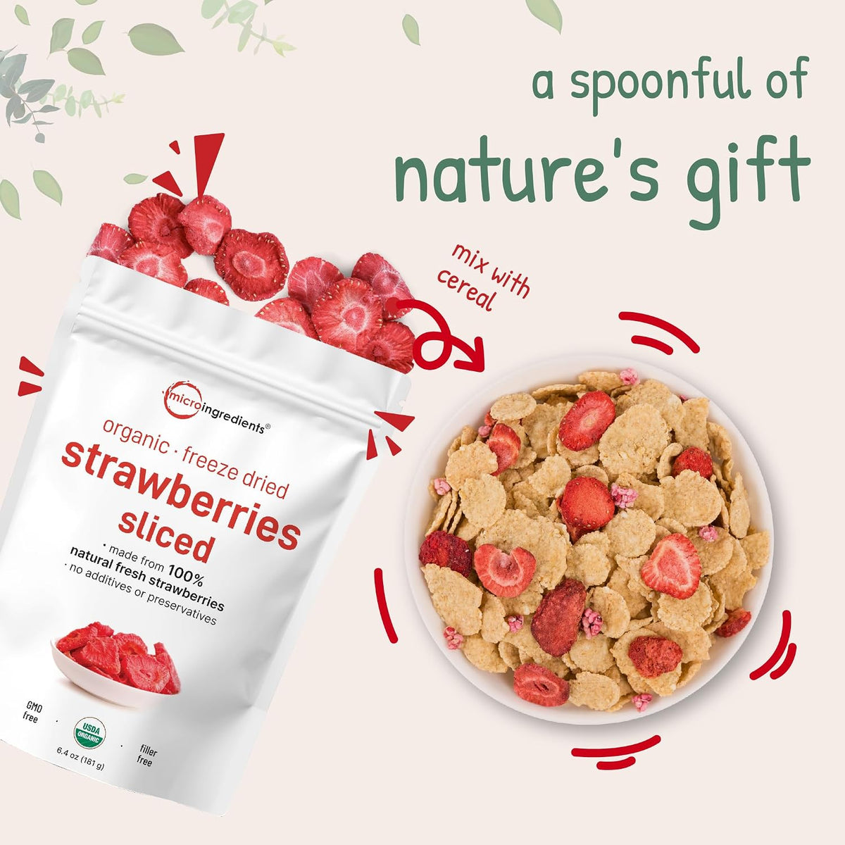 Micro Ingredients Organic Strawberries Sliced, 6.4oz | 100% Natural Fruit | Freeze Dried Strawberry Source | No Sugar & Additives | Healthy Snack & Topping for Beverages or Recipes | Non-GMO, Vegan