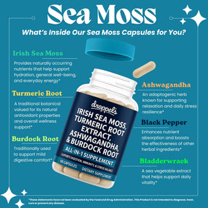 Droppels Irish Sea Moss Capsules with Turmeric Root, Ashwagandha, Black Pepper & Burdock Root – Natural Mineral Blend for Immune, Digestion, Joint & Energy Support – Vegan, Non-GMO – 60 Capsules Droppels buy supplements Au