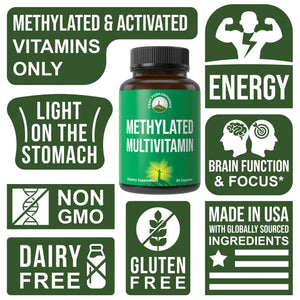 Methylated Multivitamin + Methylated B Complex Supplement. With Trimethylglycine (TMG), L Methylfolate, Methyl B12 + B1 + B2 + B6 Vitamins + Choline Peak Performance
